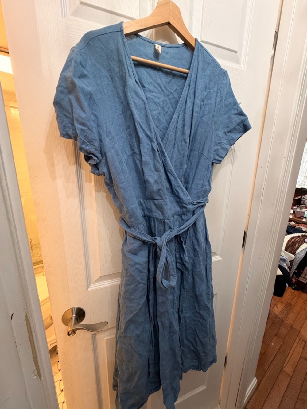 Light Blue Wrap linen Dress with Tie Waist